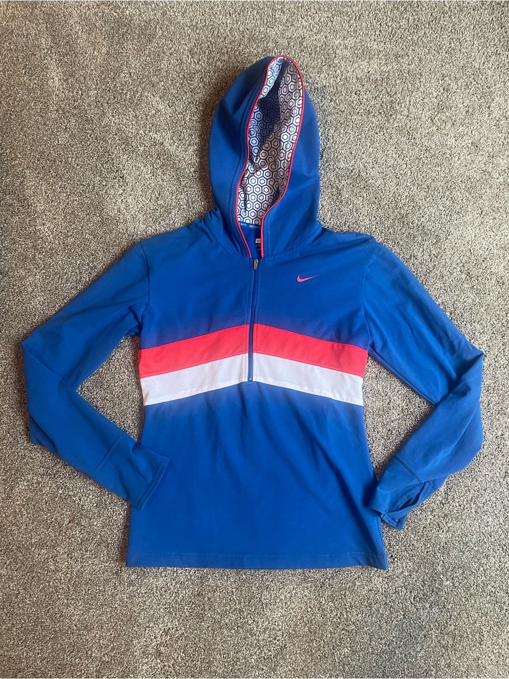 Nike Blue Hooded Pullover with Red and White Chevron Size Medium